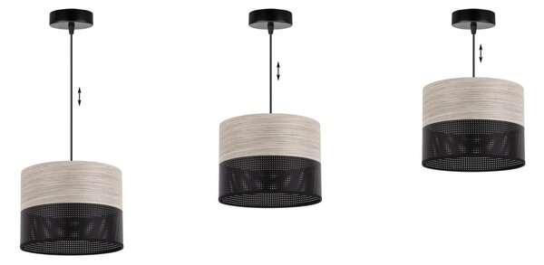 Závěsné svítidlo Wood, 1x světle béžová dubová dýha/černé plastové stínítko, (fi 20cm)