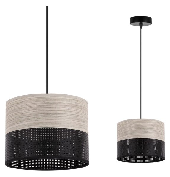 Závěsné svítidlo Wood, 1x světle béžová dubová dýha/černé plastové stínítko, (fi 20cm)