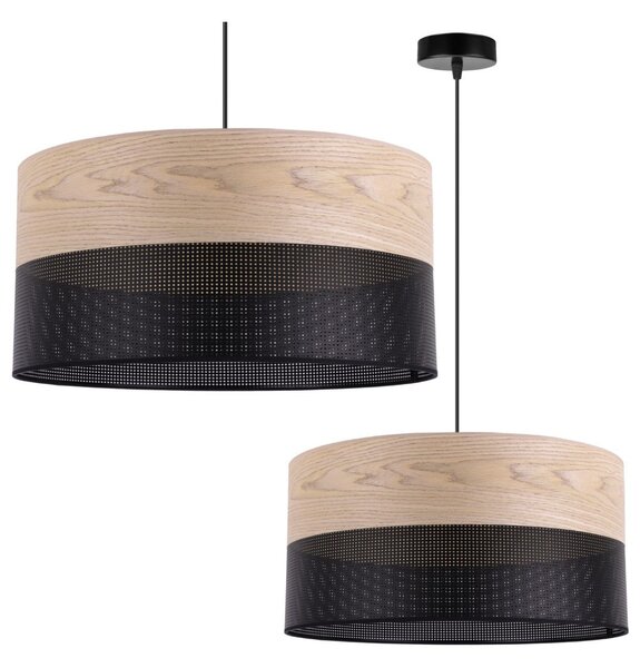 Závěsné svítidlo Wood, 1x béžová dubová dýha/černé plastové stínítko, (fi 44cm)