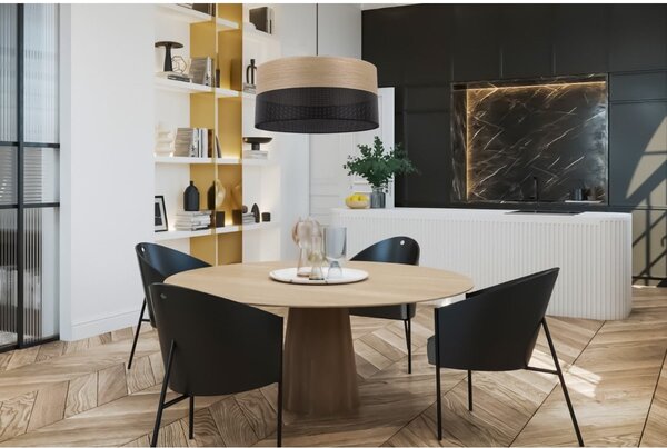 Závěsné svítidlo Wood, 1x dýha zlatý dub/černé plastové stínítko, (fi 44cm)