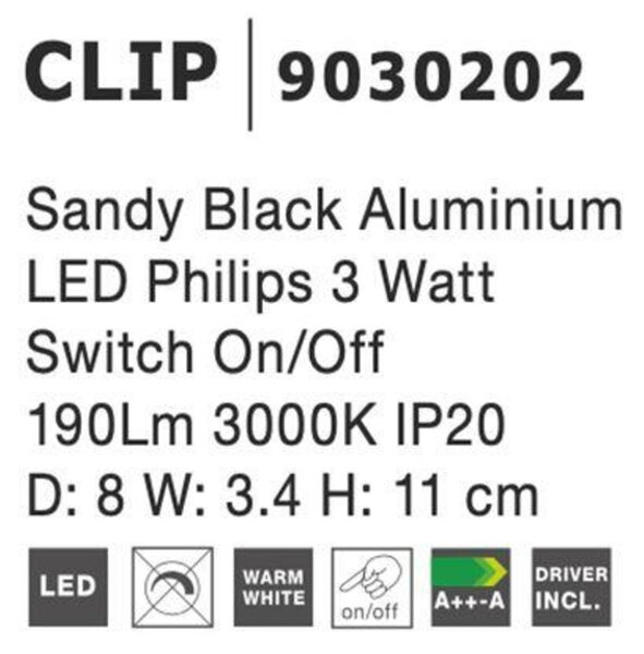 NOVA LUCE bodové svítidlo CLIP černý hliník LED Philips 3W vypínač na těle 3000K IP20 9030202