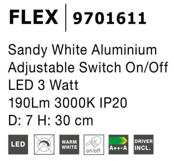 NOVA LUCE bodové svítidlo FLEX bílý hliník nastavitelné vypínač na těle LED 3W 3000K IP20 9701611