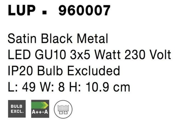 NOVA LUCE bodové svítidlo LUP saténový černý kov GU10 3x5W 230V IP20 bez žárovky 960007