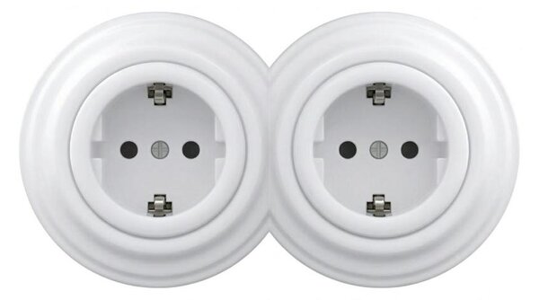 Reblig - Dvojitá retro zásuvka domovní s rámečkem SCHUKO 230V sněhově bílá