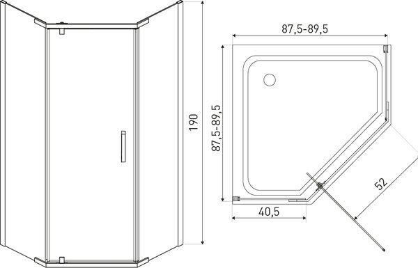 Novoterm Pětiúhelníkový sprchový kout NV-Metro 90x90, černý/transparent - bez vaničky