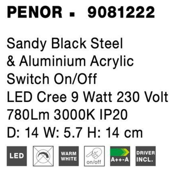 NOVA LUCE bodové svítidlo PENOR černá ocel a hliník akryl vypínač na těle LED Cree 9W 230V 3000K IP20 9081222