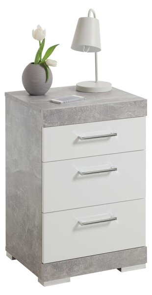 Noční stolek Orchid se 3 zásuvkami | betonově šedý a leskle bílý