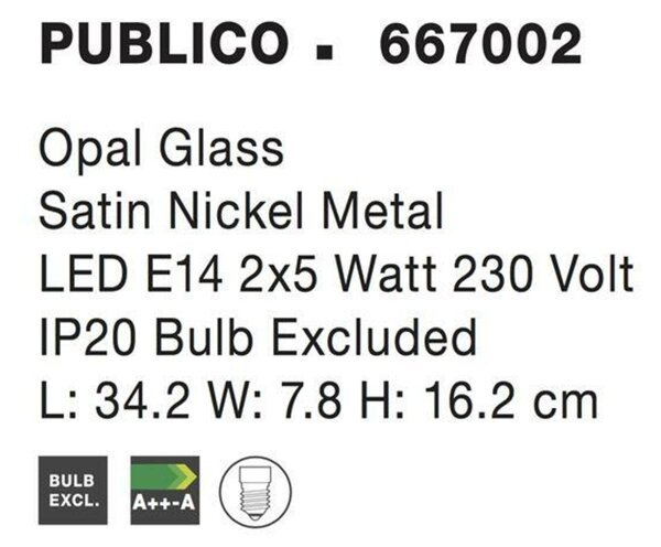 NOVA LUCE bodové svítidlo PUBLICO opálové sklo nikl satén kov E14 2x5W IP20 bez žárovky 667002