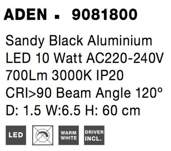 NOVA LUCE nástěnné svítidlo ADEN černý hliník LED 10W 220-240V 3000K IP20 9081800