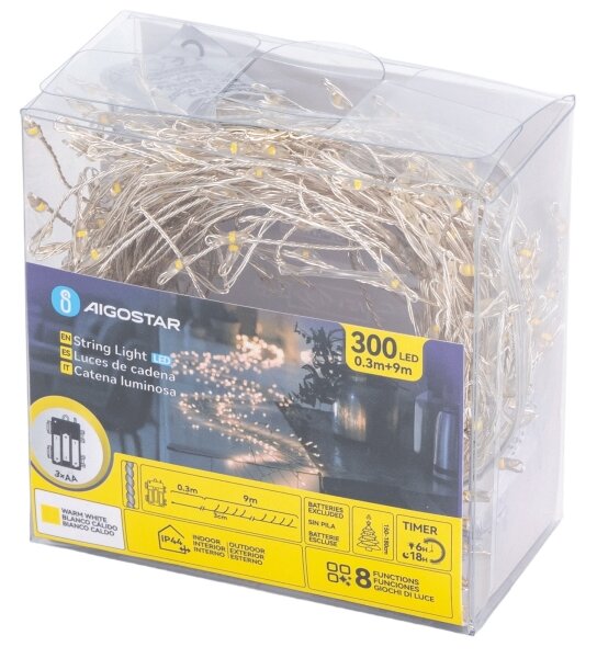 Aigostar - LED Venkovní vánoční řetěz 300xLED/8 funkcí 3xAA 9,3m IP44 teplá bílá