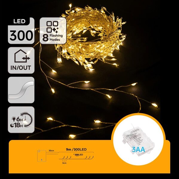 Aigostar - LED Venkovní vánoční řetěz 300xLED/8 funkcí 3xAA 9,3m IP44 teplá bílá