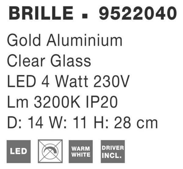 NOVA LUCE nástěnné svítidlo BRILLE zlatý hliník a sklo LED 4W 230V 3200K IP20 9522040