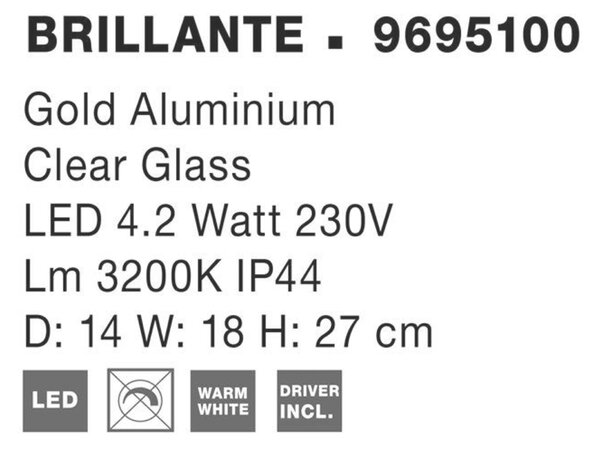 NOVA LUCE nástěnné svítidlo BRILLANTE zlatý hliník a akryl LED 4.2W 230V 3200K IP44 9695100