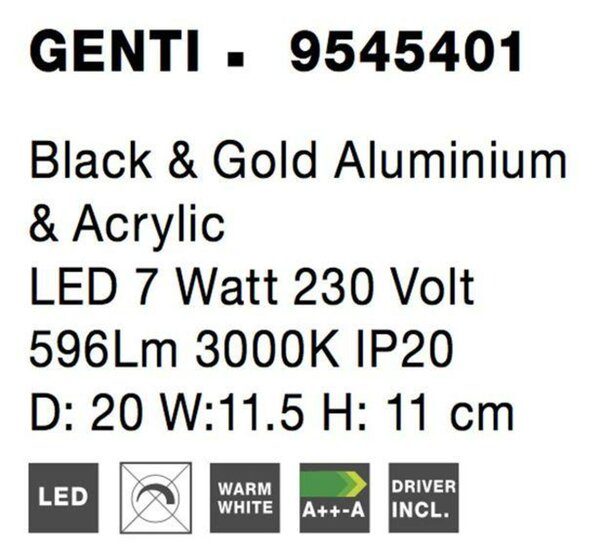 NOVA LUCE nástěnné svítidlo GENTI černý a zlatý hliník a akryl LED 1x7W 230V 3000K IP20 9545401
