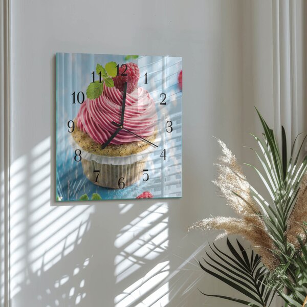 Skleněné hodiny na stěnu Malinový muffin zskc-30x30-00181600