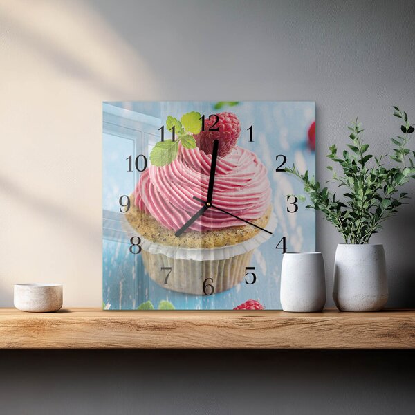 Skleněné hodiny na stěnu Malinový muffin zskc-30x30-00181600