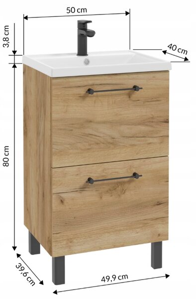 Koupelnová skříňka s umyvadlem a 2 zásuvkami 50x80 cm Stojící Dub Craft