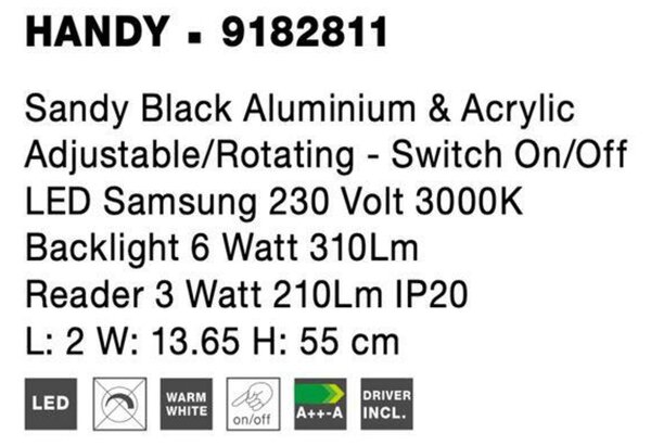 NOVA LUCE nástěnné svítidlo HANDY bílý hliník a akryl nastavitelné/rotační - vypínač na těle LED Samsung 230V 3000K osvětlení 6W čtecí lampička 3W IP20 9182811