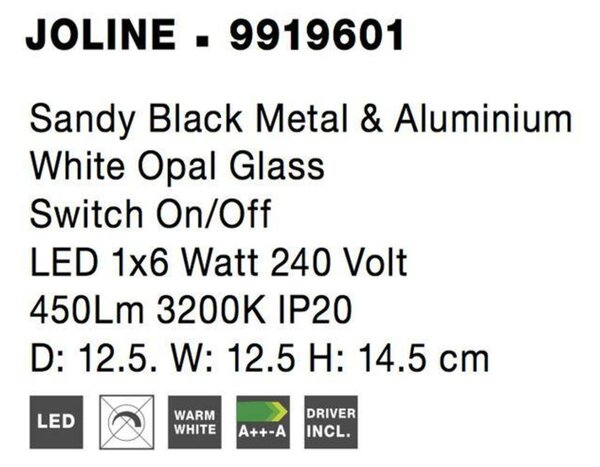 NOVA LUCE nástěnné svítidlo JOLINE černý kov a hliník bílé opálové sklo vypínač na těle LED 1x6W 230V 3200K IP20 9919601