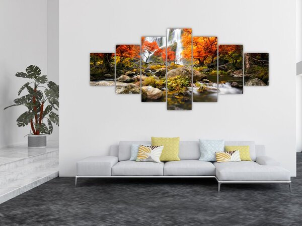 Obraz - Vodopády v oranžovém lese (210x100 cm)