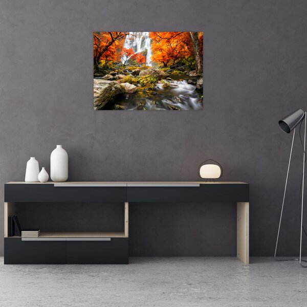 Obraz - Vodopády v oranžovém lese (70x50 cm)