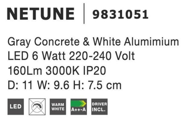NOVA LUCE nástěnné svítidlo NETUNE šedý beton a bílý hliník LED 6W 220-240V 3000K IP20 9831051