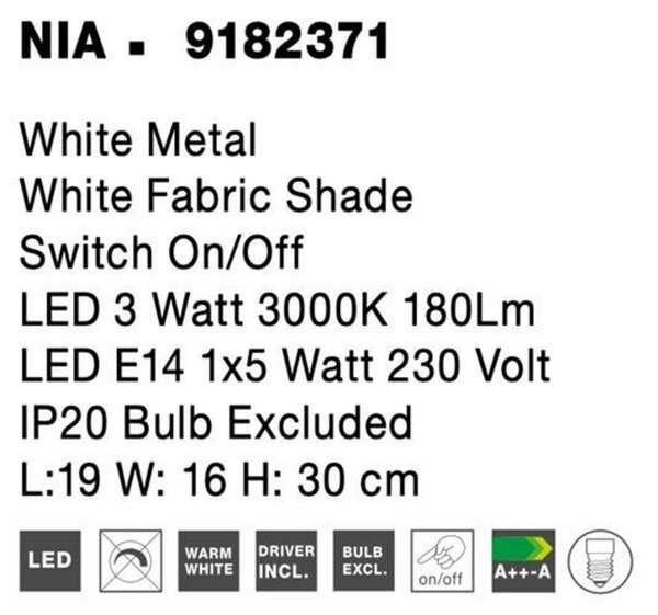 NOVA LUCE nástěnné svítidlo NIA bílý kov bílé stínidlo vypínač na těle LED 3W 3000K E14 1x5W 230V IP20 bez žárovky se čtecí lampičkou 9182371