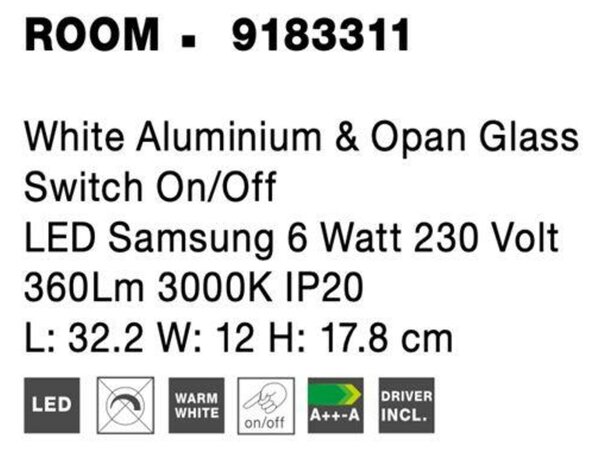 NOVA LUCE nástěnné svítidlo ROOM bílý hliník a opálové sklo vypínač na těle LED Samsung 6W 230V 3000K IP20 nabíjení telefonu 9183311