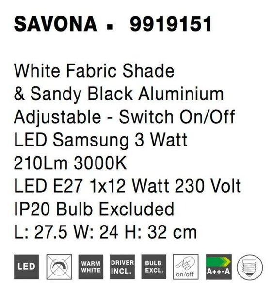 NOVA LUCE nástěnné svítidlo SAVONA bílé stínidlo a černý hliník nastavitelné - vypínač na těle LED Samsung 3W 3000K E27 1x12W 230V IP20 bez žárovky čtecí lampička 9919151