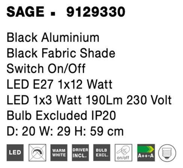 NOVA LUCE nástěnné svítidlo SAGE černý hliník černé stínidlo vypínač na těle E27 1x12W LED 1x3W 220V bez žárovky IP20 čtecí lampička 9129330