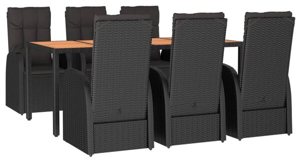 7dílný zahradní jídelní set s poduškami černý polyratan