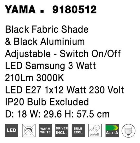 NOVA LUCE nástěnné svítidlo YAMA černé stínidlo a černý hliník nastavitelné - vypínač na těle E27 1x12W 230V IP20 bez žárovky LED Samsung 3W 3000K čtecí lampička 9180512