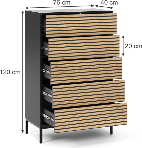 Komoda Vicco Eliza Zlatý dub power/antracit 76 x 120 cm s 5 zásuvkami, Model 54754