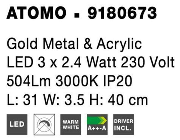 NOVA LUCE nástěnné svítidlo ATOMO zlatý kov a akryl LED 3 x 2.4W 230V 3000K IP20 9180673
