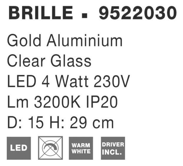 NOVA LUCE stolní lampa BRILLE zlatý hliník a sklo LED 4W 230V 3200K IP20 9522030