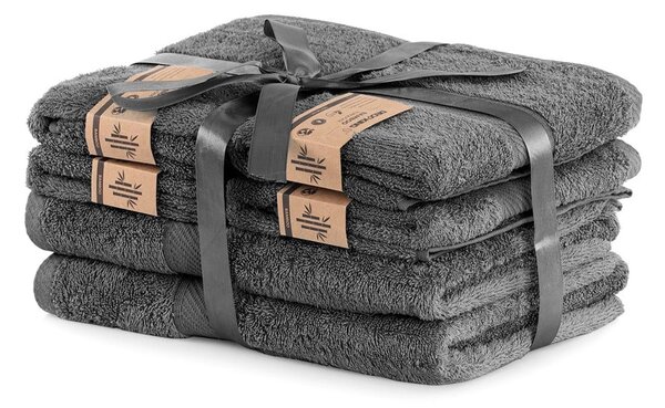 Set 2 tmavě šedých osušek a 4 ručníků DecoKing Bamby Charcoal