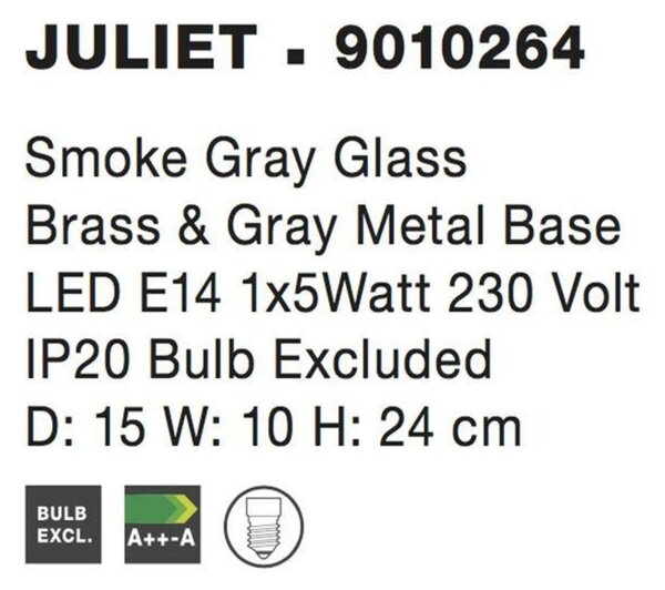NOVA LUCE stolní lampa JULIET kouřové šedé sklo mosaz a šedá kovová základna E14 1x12W IP20 bez žárovky 9010264