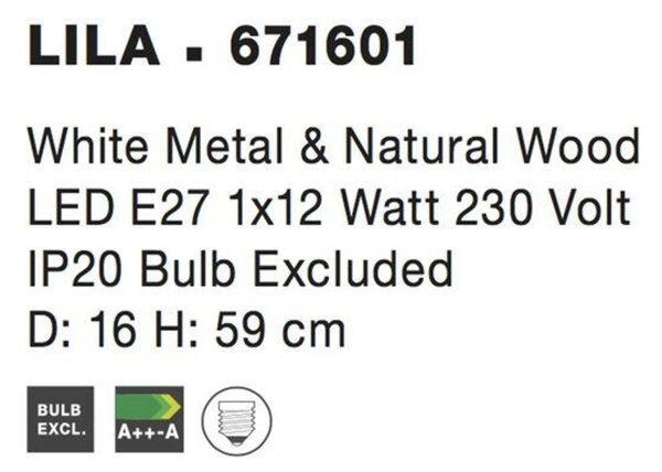NOVA LUCE stolní lampa LILA bílý kov a přírodní dřevo E27 1x12W 230V IP20 bez žárovky 671601