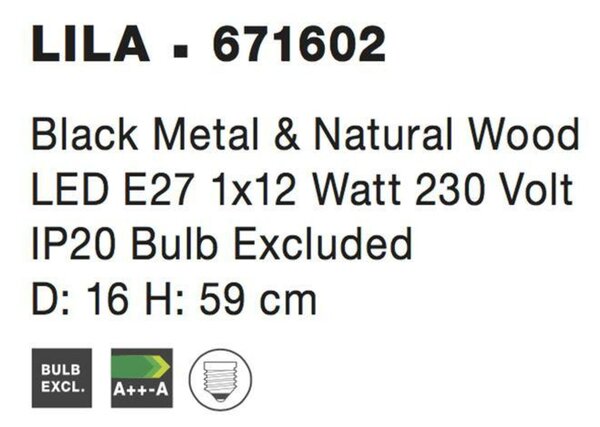 NOVA LUCE stolní lampa LILA černý kov a přírodní dřevo E27 1x12W 230V IP20 bez žárovky 671602