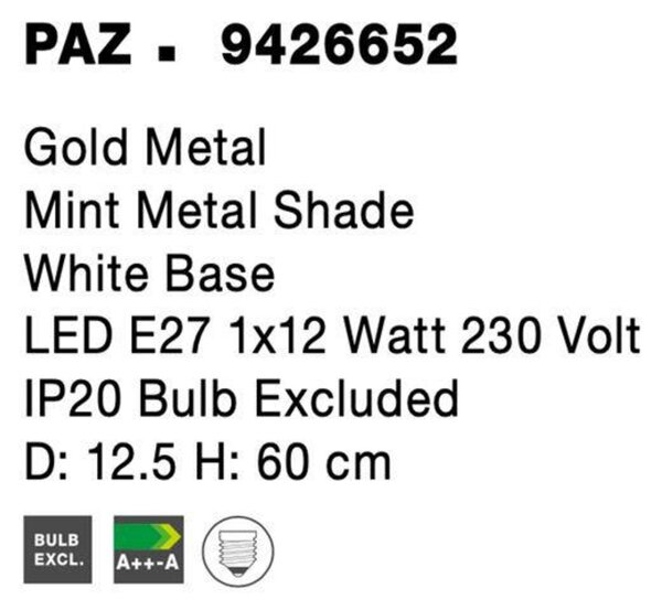 NOVA LUCE stolní lampa PAZ zlatý kov mentolové kovové stínidlo bílá základna E27 1x12W 230V IP20 bez žárovky 9426652