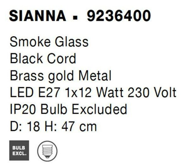 NOVA LUCE stolní lampa SIANNA kouřové sklo mosazný zlatý kov E27 1x12W 230V IP20 bez žárovky 9236400