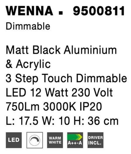 NOVA LUCE stolní lampa WENNA matný černý hliník a akryl 3-krokově dotykově stmívatelné LED 12W 230V 3000K IP20 9500811