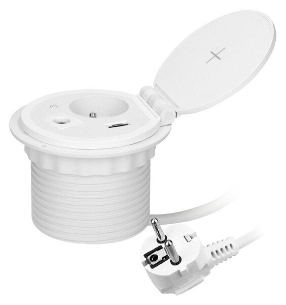 ORNO Zápustná zásuvka Ø8cm do desky stolu s indukční nabíječkou, 1x 230V, 2x USB A/C nabíjecí, kabelová průchodka a kabel 1.8m, barva bílá