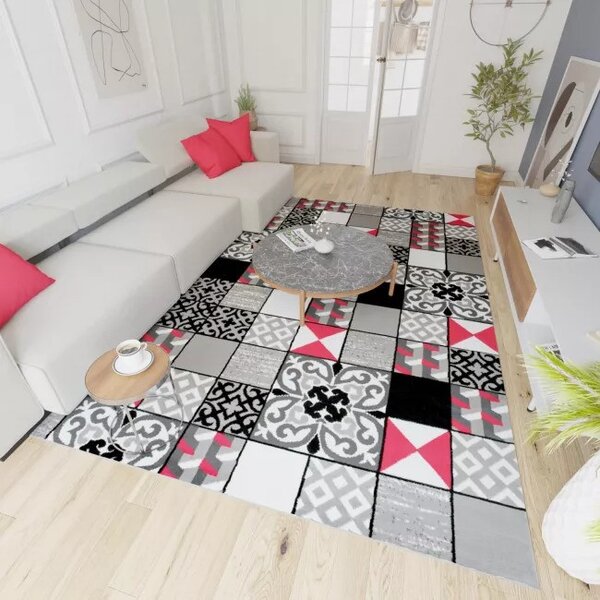 Makro Abra Kusový koberec moderní MAYA Z906E Patchwork šedý červený Rozměr: 180x250 cm