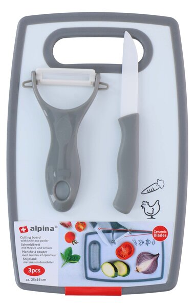 Kuchařský set ALPINA prkénko, škrabka, nůž MIX motivů
