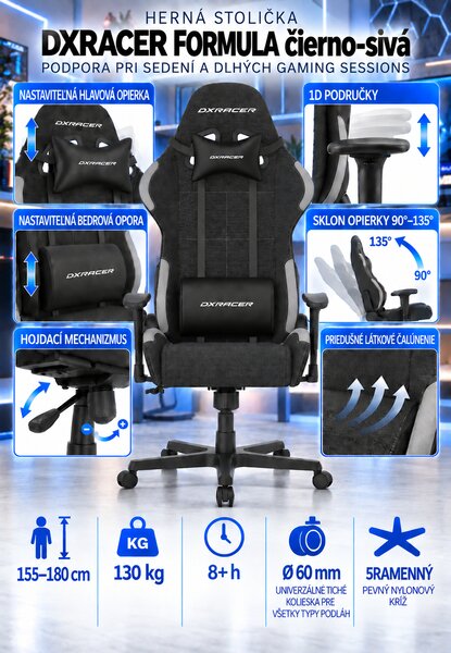 Herní židle DXRacer FORMULA černo-šedá, látková