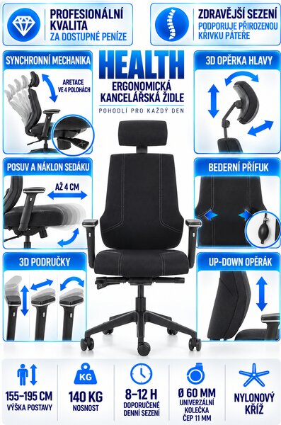 Zdravotní ergonomická kancelářská židle MERCURY HEALTH s podhlavníkem –