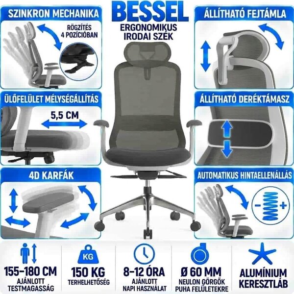 Ergonomická kancelářská židle MERCURY BESSEL ŠEDÝ PLAST, TMAVĚ ŠEDÁ – pohodlné sezení
