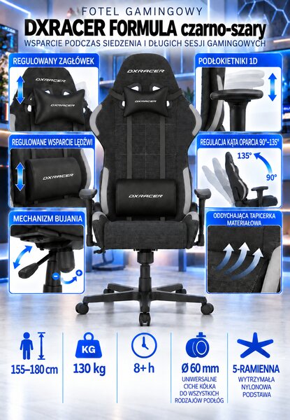Herní židle DXRacer FORMULA černo-šedá, látková