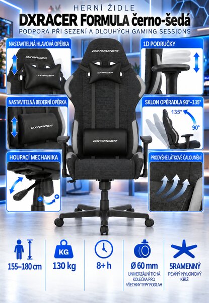 Herní židle DXRacer FORMULA černo-šedá, látková